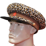 Vintage Sowjetunion Militär Russischer Offizier Leopard braunes Leder UdSSR Visierhut